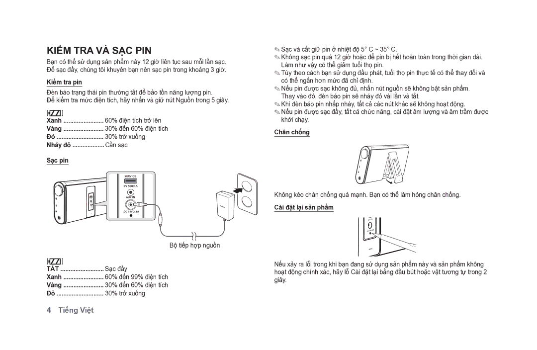 Samsung DA-F61/XV manual Kiểm TRA VÀ SẠC PIN 