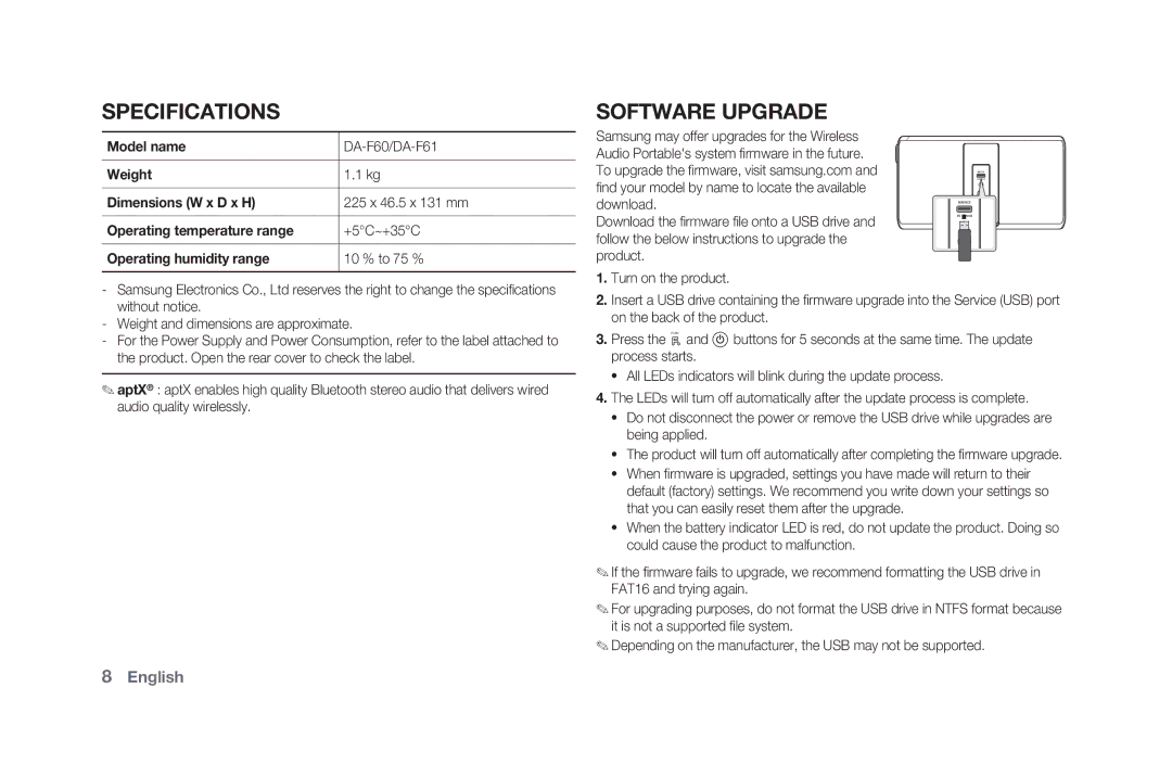 Samsung DA-F61/XV manual Specifications, Software Upgrade 