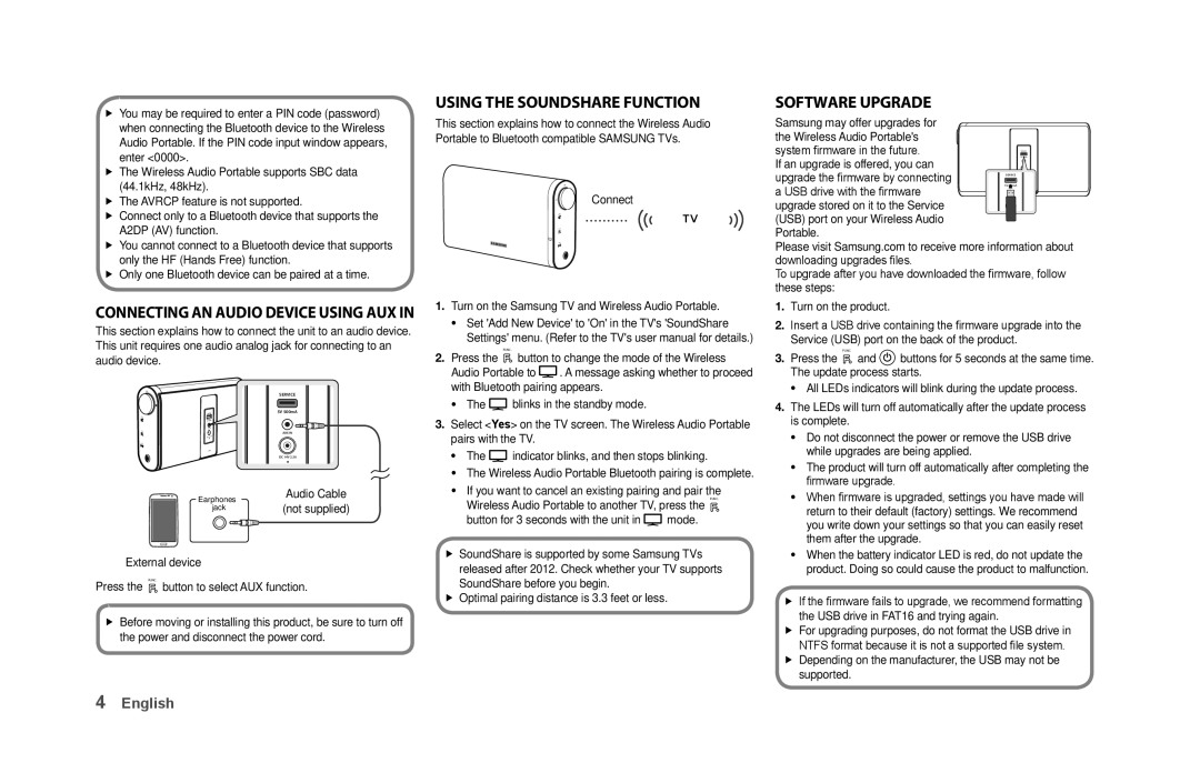 Samsung DA FM60C, DA F60 user manual Connecting an audio deVice using auX, Using the soundshare Function, SoFtWare uPgrade 