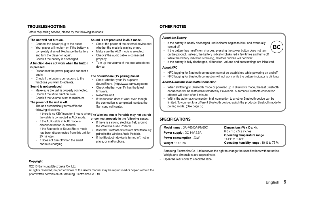 Samsung DA F60, DA FM60C user manual Troubleshooting, Other Notes, Specifications 