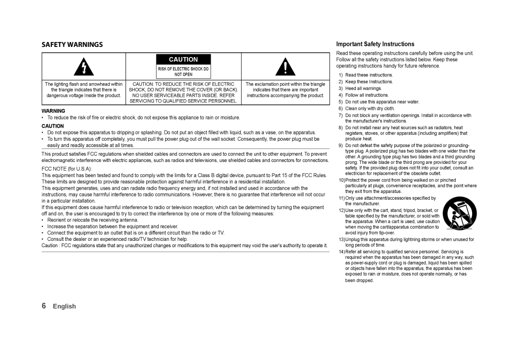 Samsung DA FM60C, DA F60 user manual Safety Warnings, FCC Note for U.S.A 