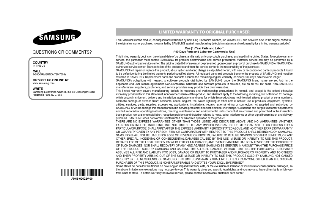 Samsung DA-FM61C user manual Questions Or Comments?, lIMIted WarrantY to orIgInal Purchaser 