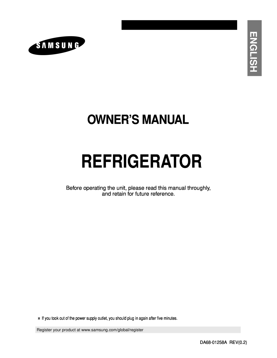 Samsung owner manual Owner’S Manual, and retain for future reference, Refrigerator, English, DA68-01258AREV0.2 