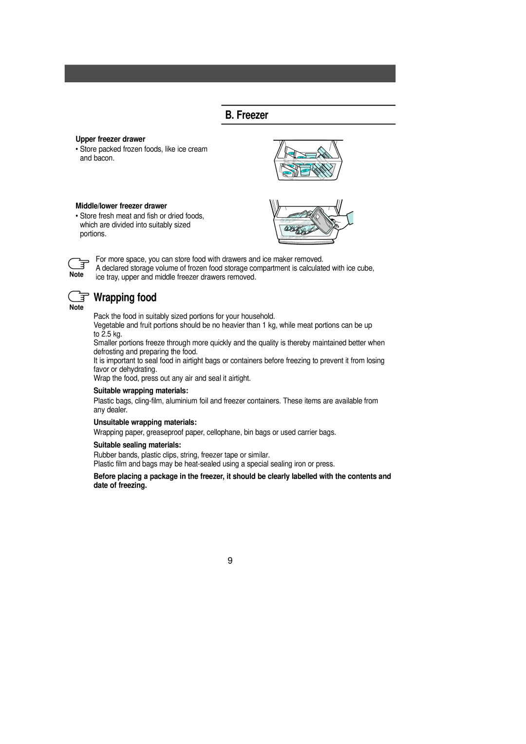 Samsung DA68-01281A manual Freezer, Wrapping food 