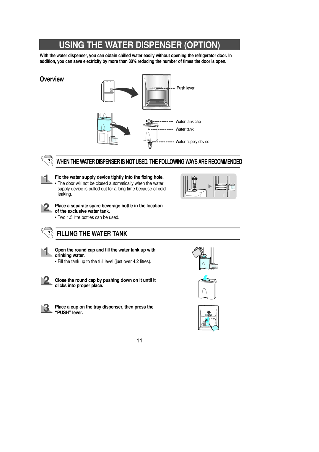 Samsung DA68-01281A Using the Water Dispenser Option, Overview, Fix the water supply device tightly into the fixing hole 