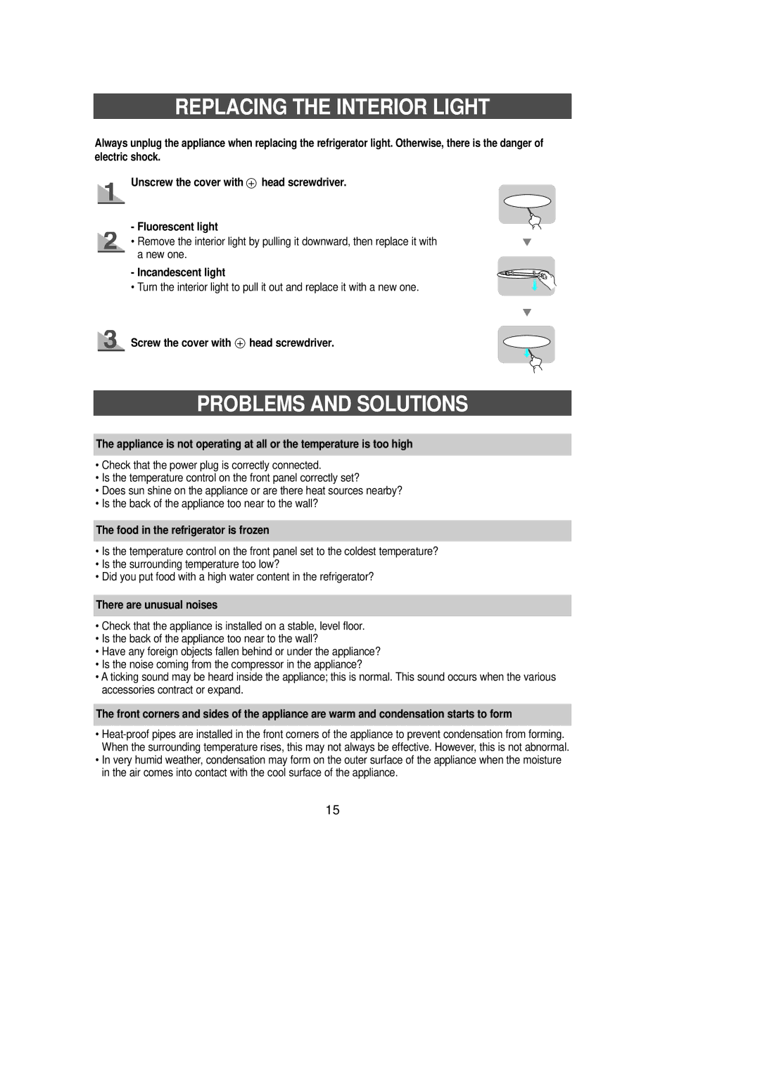 Samsung DA68-01281A manual Replacing the Interior Light, Problems and Solutions 