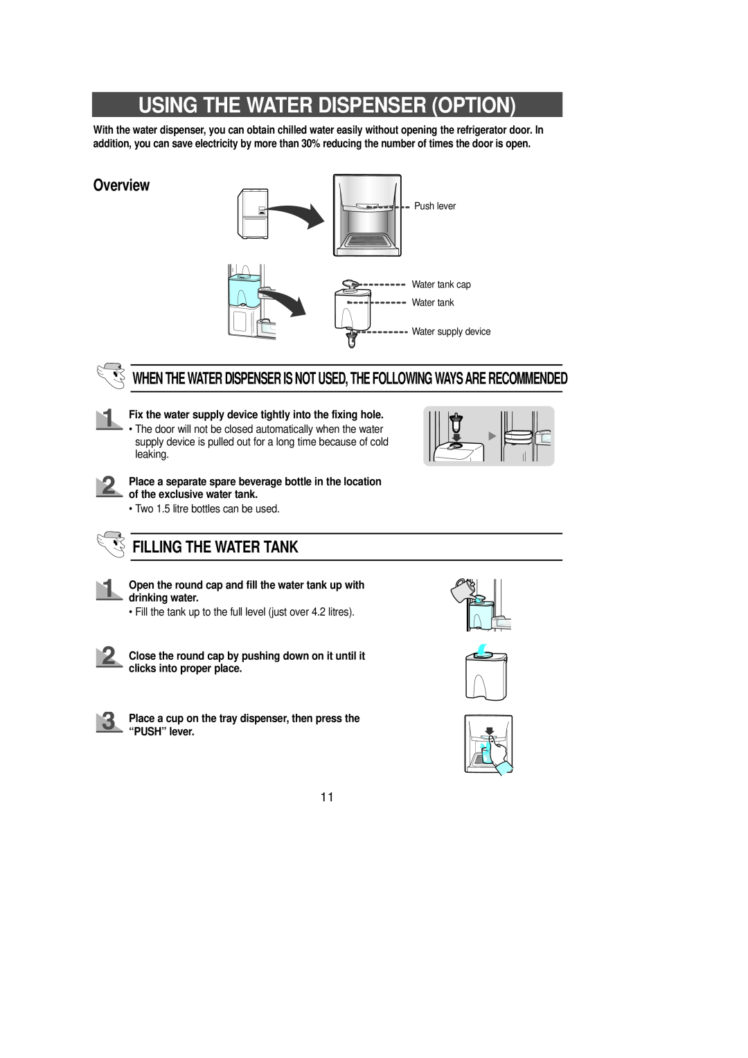 Samsung DA68-01281A manual Using The Water Dispenser Option, Overview, Filling The Water Tank 