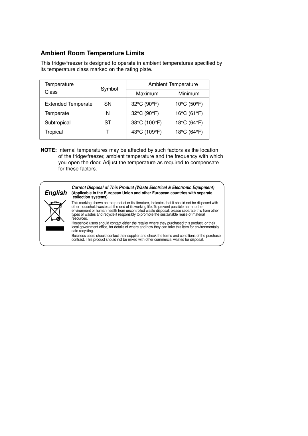 Samsung DA68-01281A manual Ambient Room Temperature Limits 