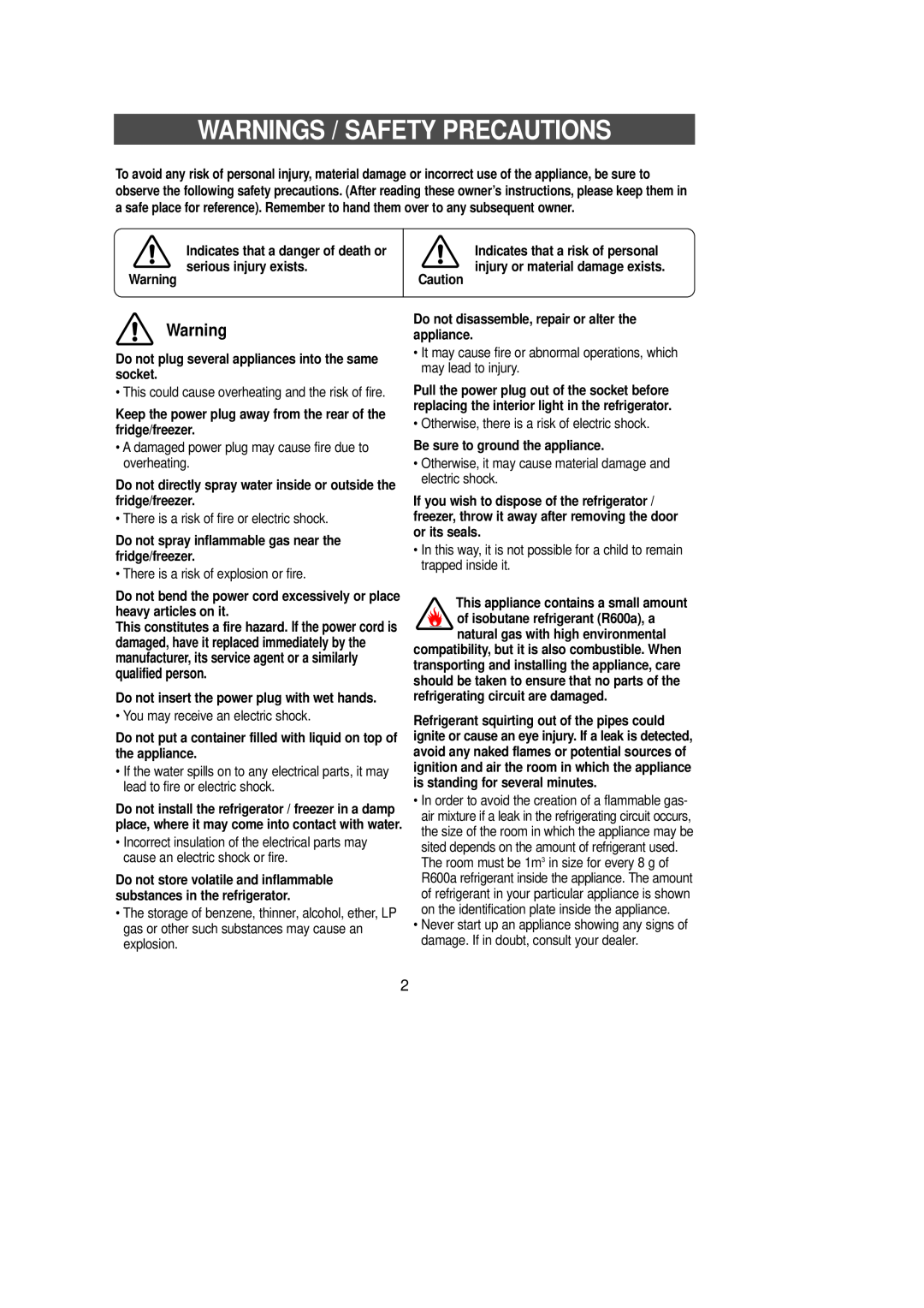 Samsung DA68-01281A Warnings / Safety Precautions, Indicates that a danger of death or, serious injury exists. Warning 