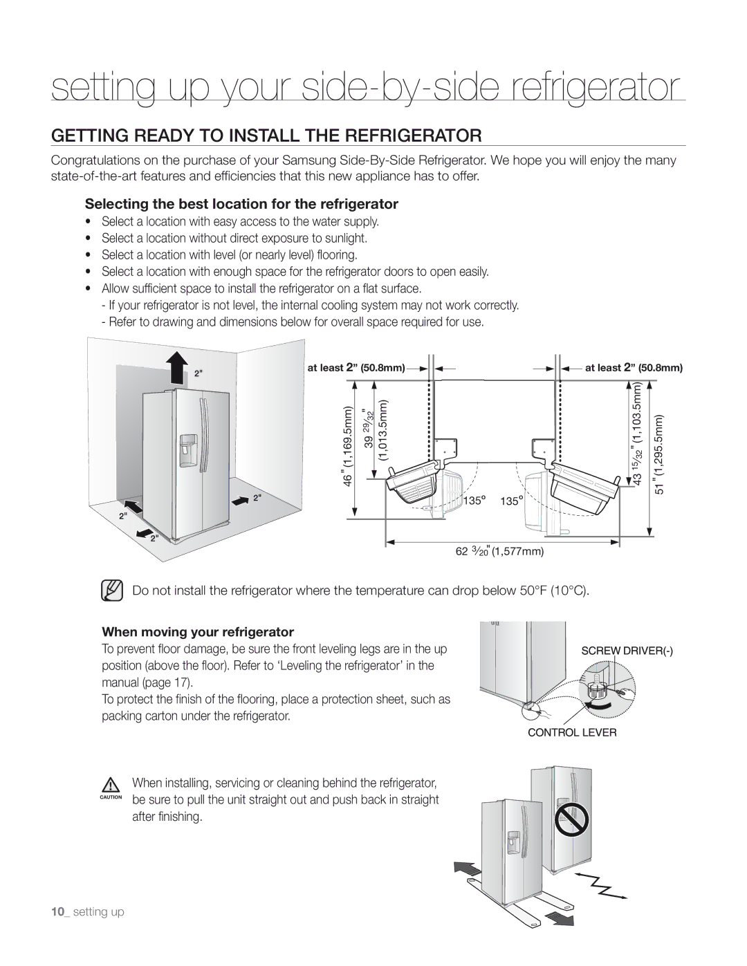 Samsung DA68-01890M user manual Setting up your side-by-side refrigerator, Getting Ready to Install the Refrigerator 