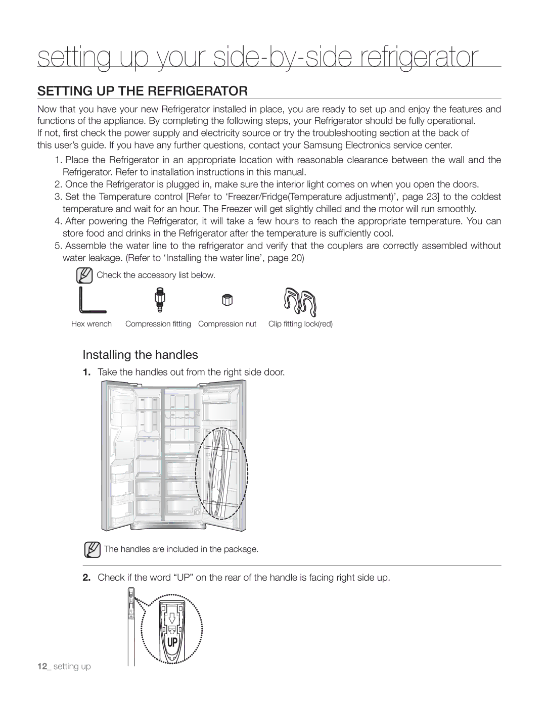 Samsung DA68-01890M user manual Setting UP the Refrigerator, Installing the handles 