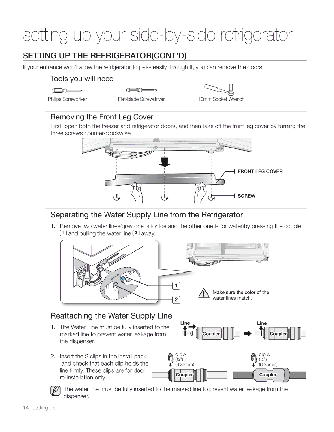 Samsung DA68-01890M user manual Setting up your side-by-side refrigerator, Setting UP the REFRIGERATORCONT’D 