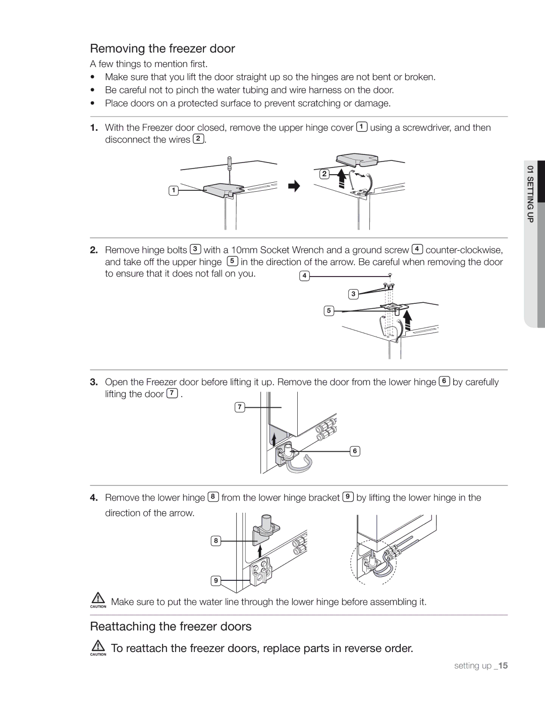 Samsung DA68-01890M user manual Removing the freezer door, Reattaching the freezer doors 