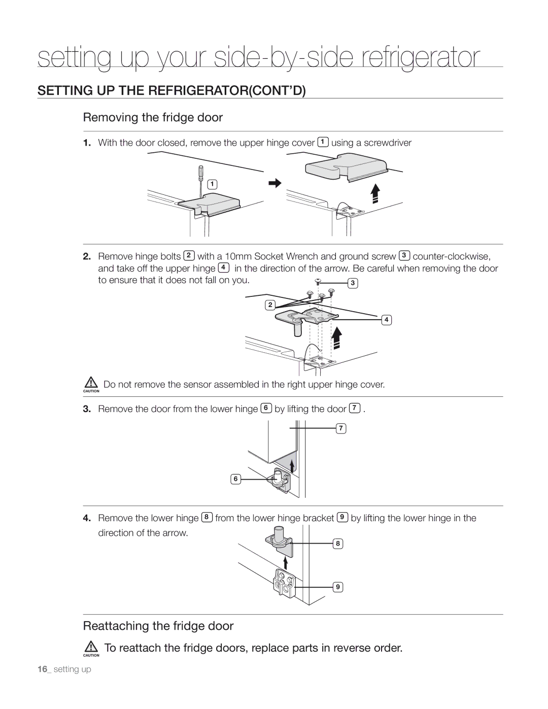 Samsung DA68-01890M user manual Setting UP the REFRIGERATORCONT’D, Removing the fridge door, Reattaching the fridge door 