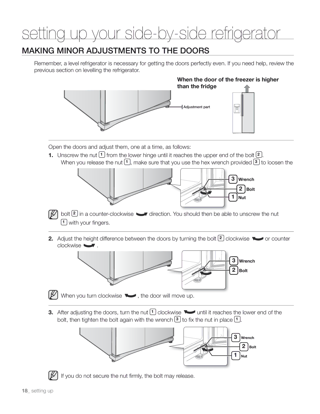 Samsung DA68-01890M user manual Making Minor Adjustments to the Doors 