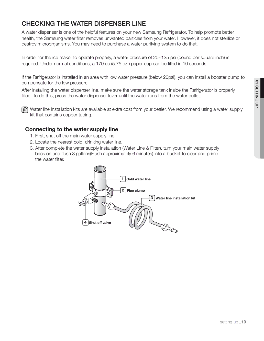 Samsung DA68-01890M user manual Checking the Water Dispenser Line, Connecting to the water supply line 