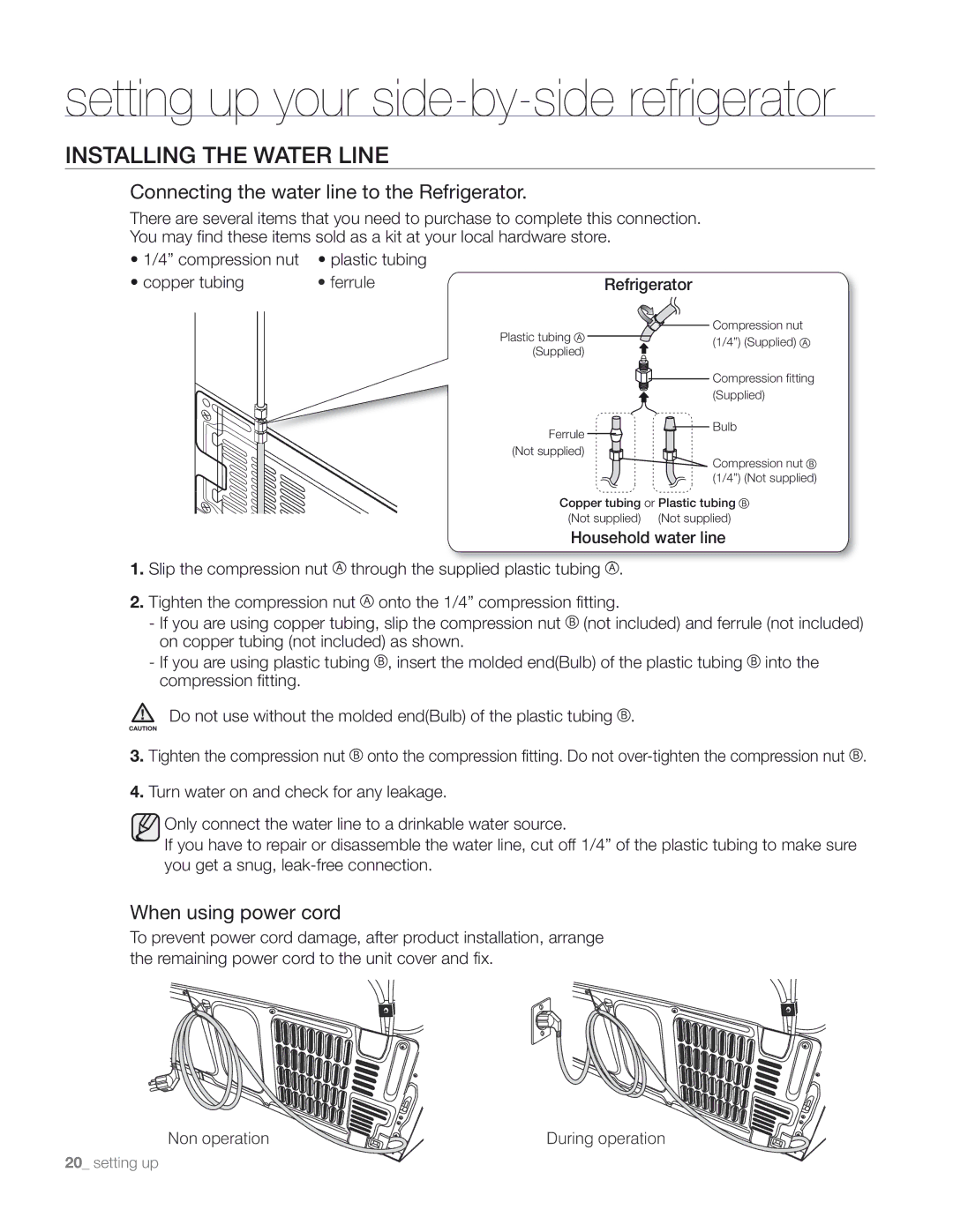 Samsung DA68-01890M user manual Installing the Water Line, Connecting the water line to the Refrigerator 