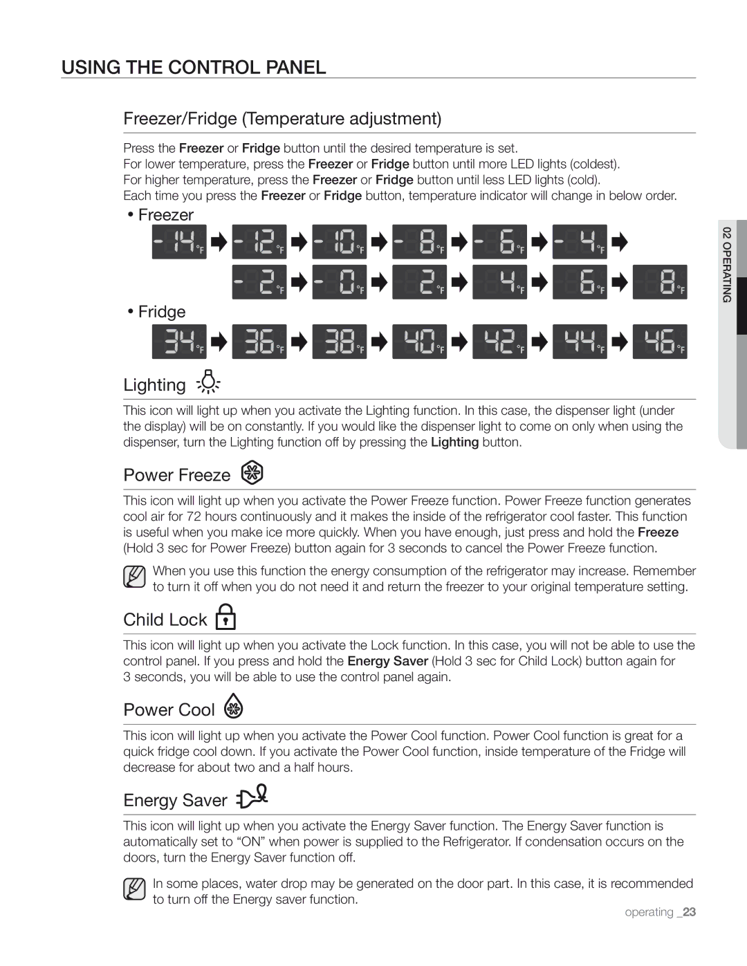 Samsung DA68-01890M user manual Using the Control Panel, Freezer, Fridge 