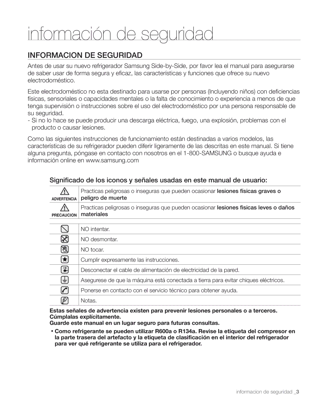 Samsung DA68-01890M user manual Información de seguridad, Informacion DE Seguridad 