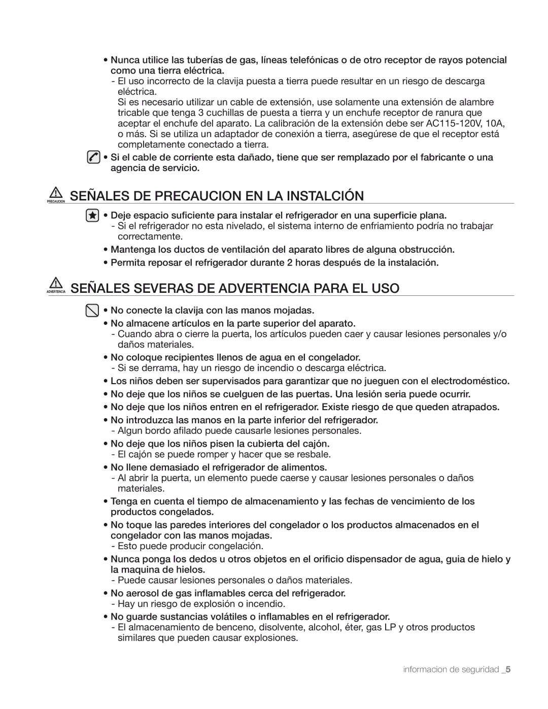 Samsung DA68-01890M user manual Precaucion Señales DE Precaucion EN LA Instalción 