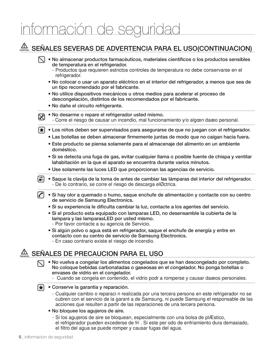 Samsung DA68-01890M user manual Precaución Señales DE Precaucion Para EL USO 