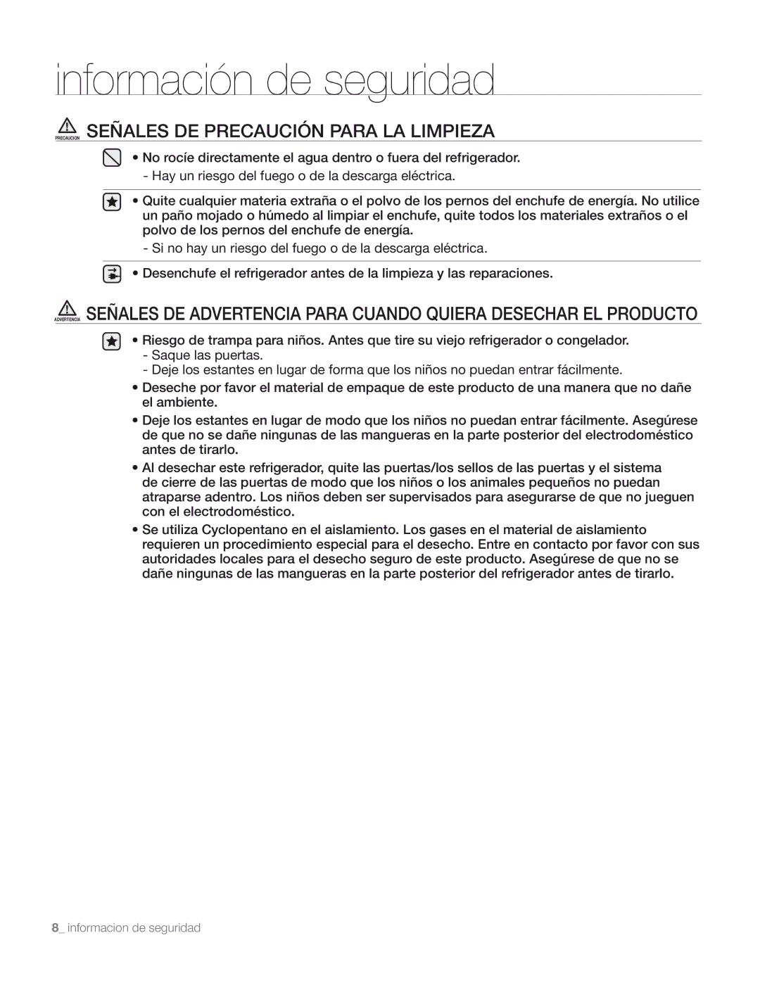 Samsung DA68-01890M user manual Precaucion Señales DE Precaución Para LA Limpieza 