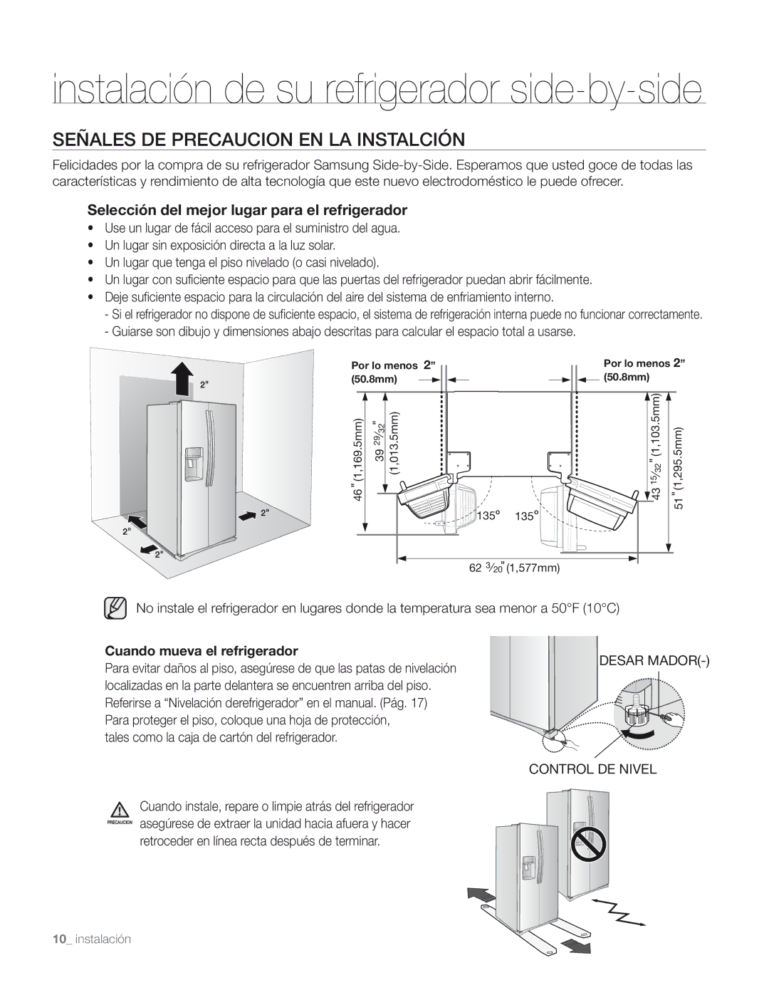 Samsung DA68-01890M user manual Instalación de su refrigerador side-by-side, Señales DE Precaucion EN LA Instalción 