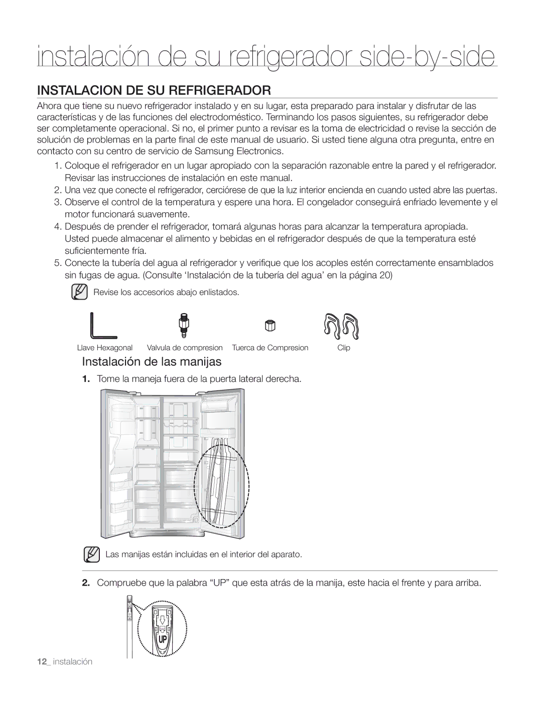 Samsung DA68-01890M user manual Instalacion DE SU Refrigerador, Instalación de las manijas 