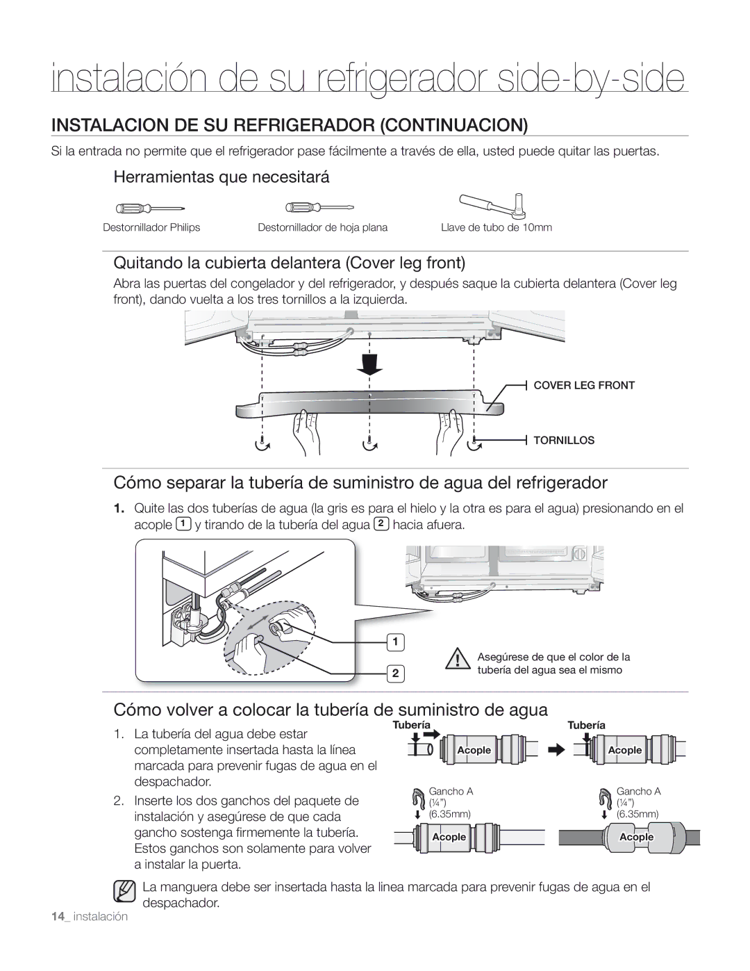 Samsung DA68-01890M user manual Instalación de su refrigerador side-by-side, Instalacion DE SU Refrigerador Continuacion 