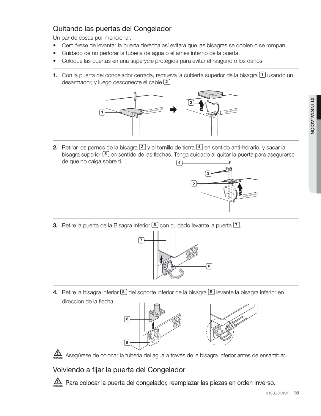 Samsung DA68-01890M user manual Quitando las puertas del Congelador, Volviendo a fijar la puerta del Congelador 