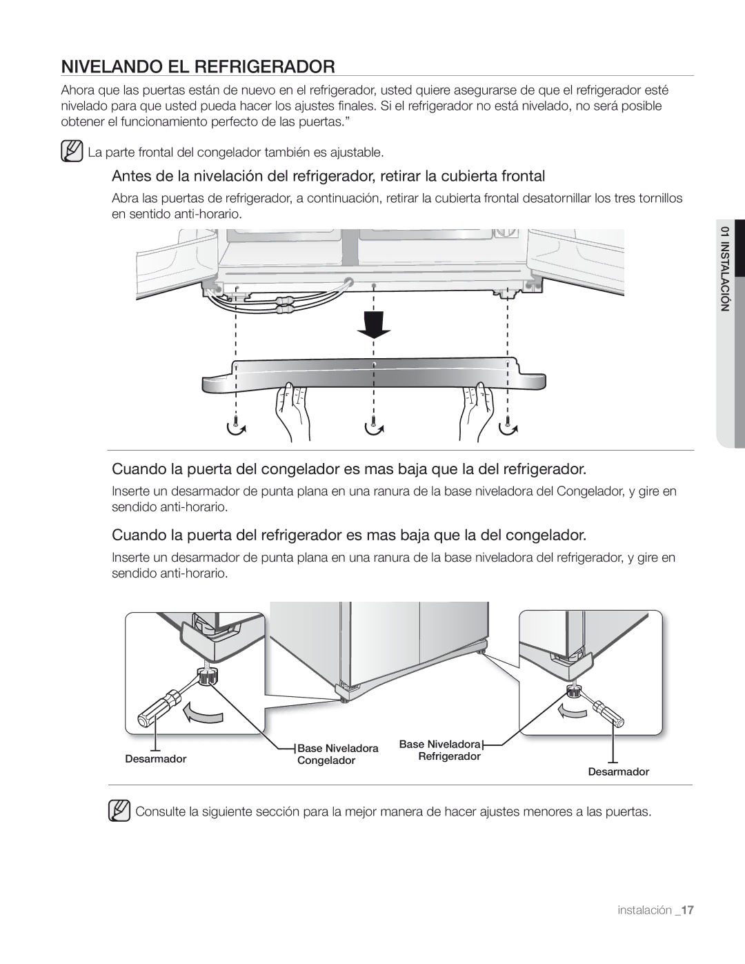 Samsung DA68-01890M user manual Nivelando EL Refrigerador 