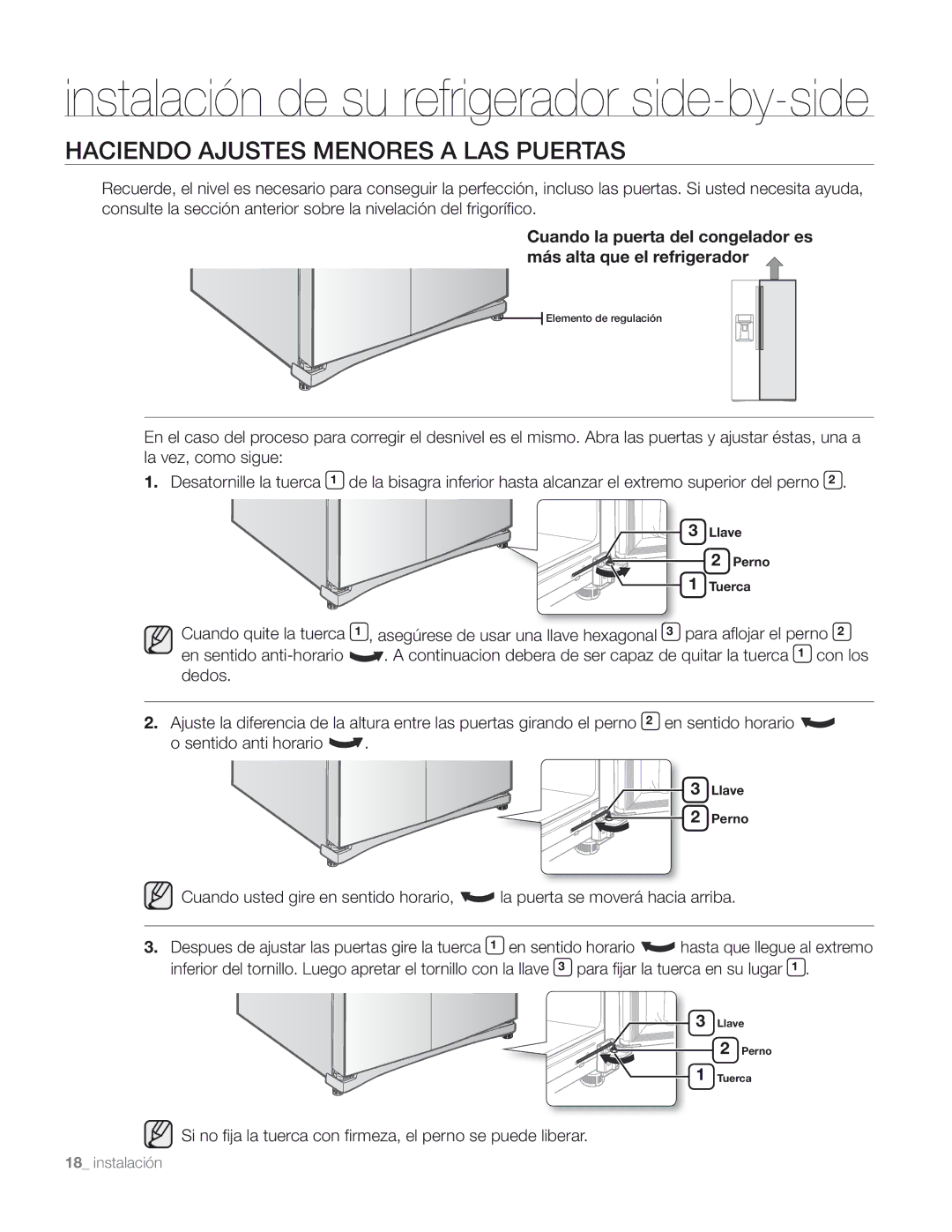 Samsung DA68-01890M user manual Haciendo Ajustes Menores a LAS Puertas 