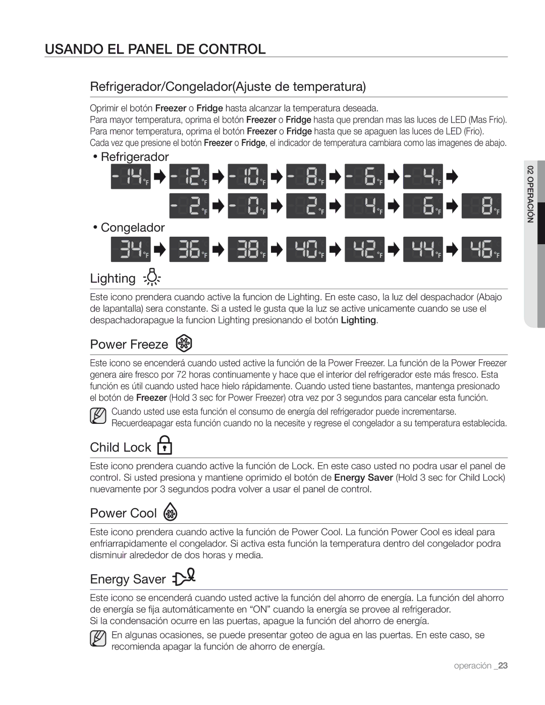 Samsung DA68-01890M user manual Usando EL Panel DE Control, Refrigerador Congelador 