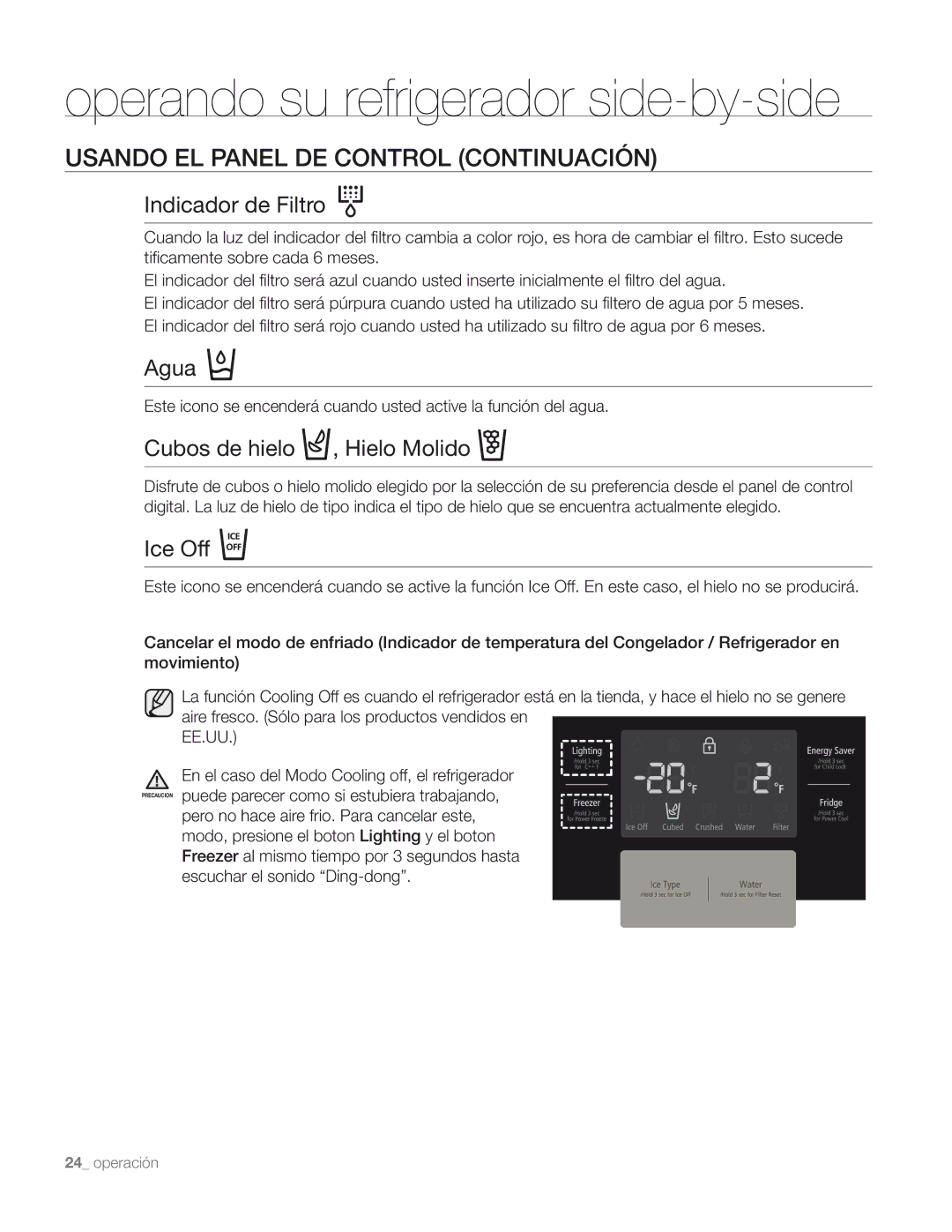 Samsung DA68-01890M user manual Operando su refrigerador side-by-side, Usando EL Panel DE Control Continuación 