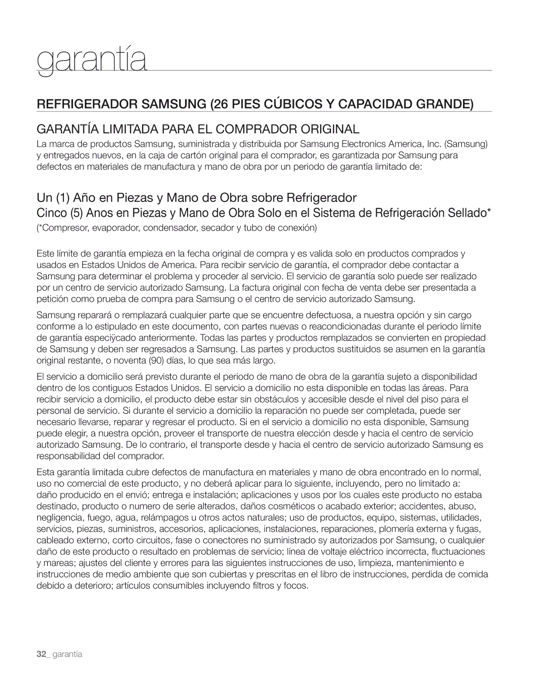 Samsung DA68-01890M user manual Garantía, Refrigerador Samsung 26 Pies Cúbicos Y Capacidad Grande 