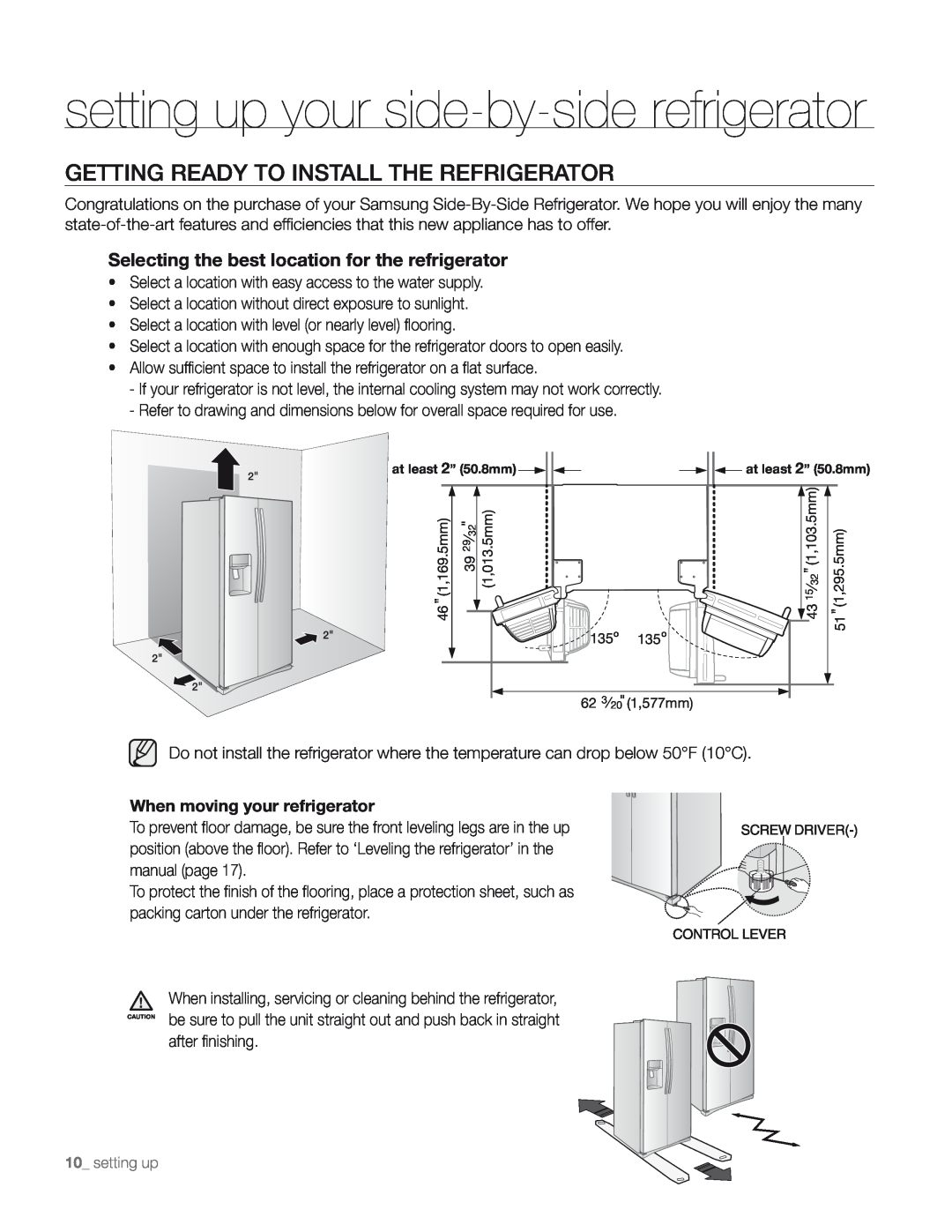 Samsung DA68-01890M user manual setting up your side-by-side refrigerator, Getting Ready To Install The Refrigerator 