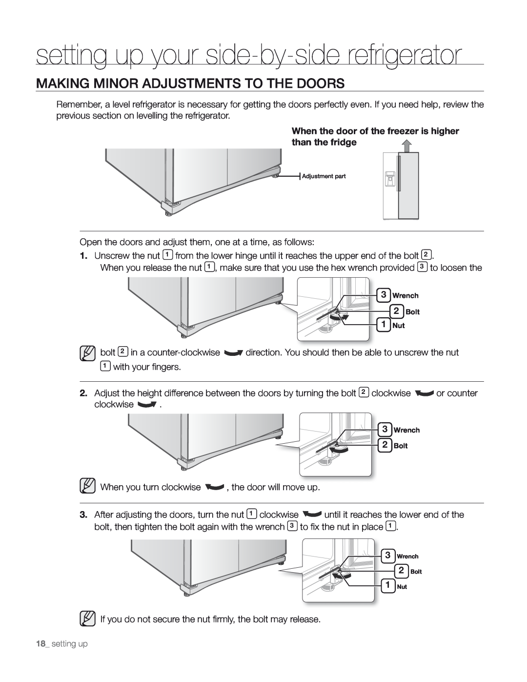 Samsung DA68-01890M user manual Making Minor Adjustments To The Doors, setting up your side-by-side refrigerator 