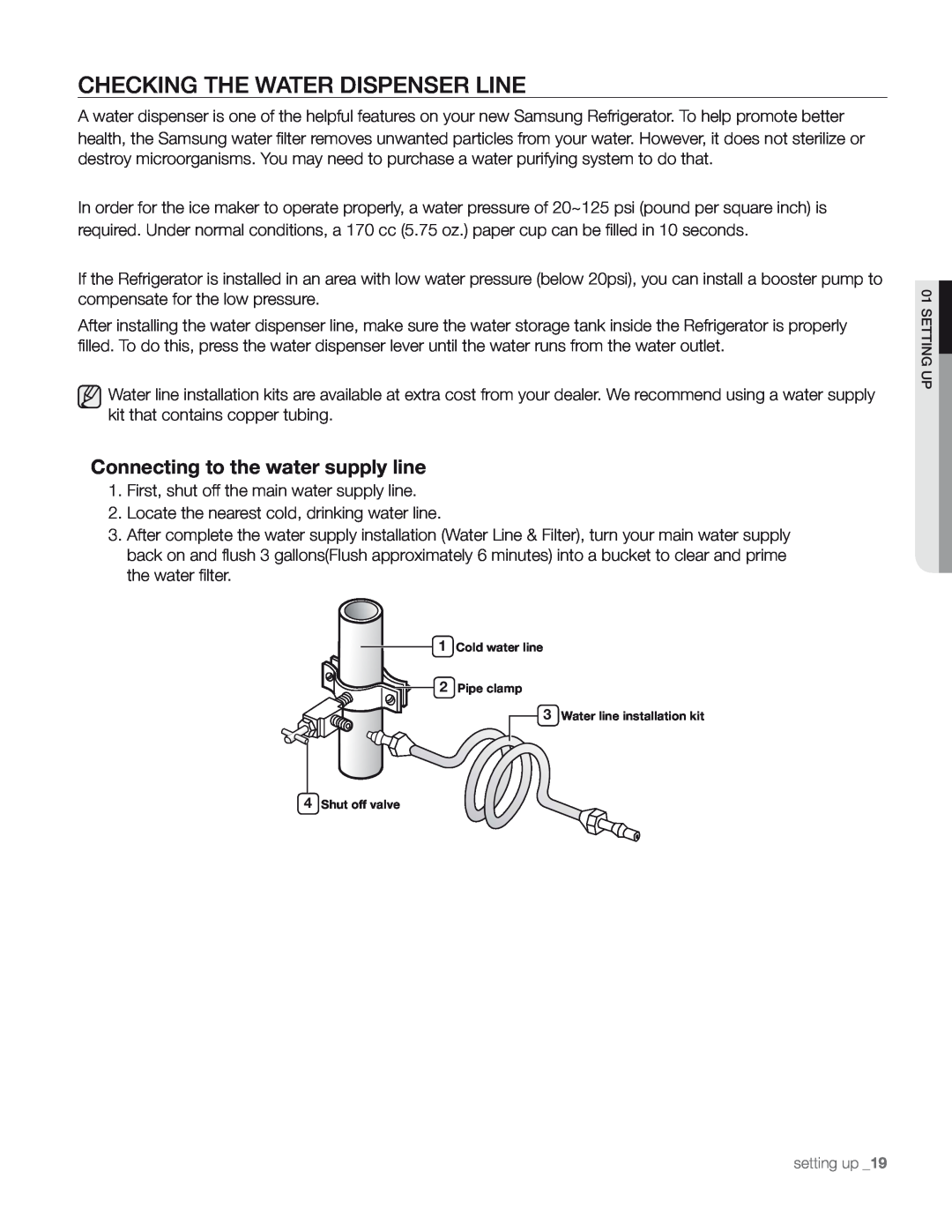 Samsung DA68-01890M user manual Checking The Water Dispenser Line, Connecting to the water supply line 