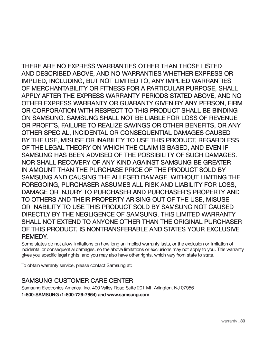 Samsung DA68-01890M user manual Samsung Customer Care Center 