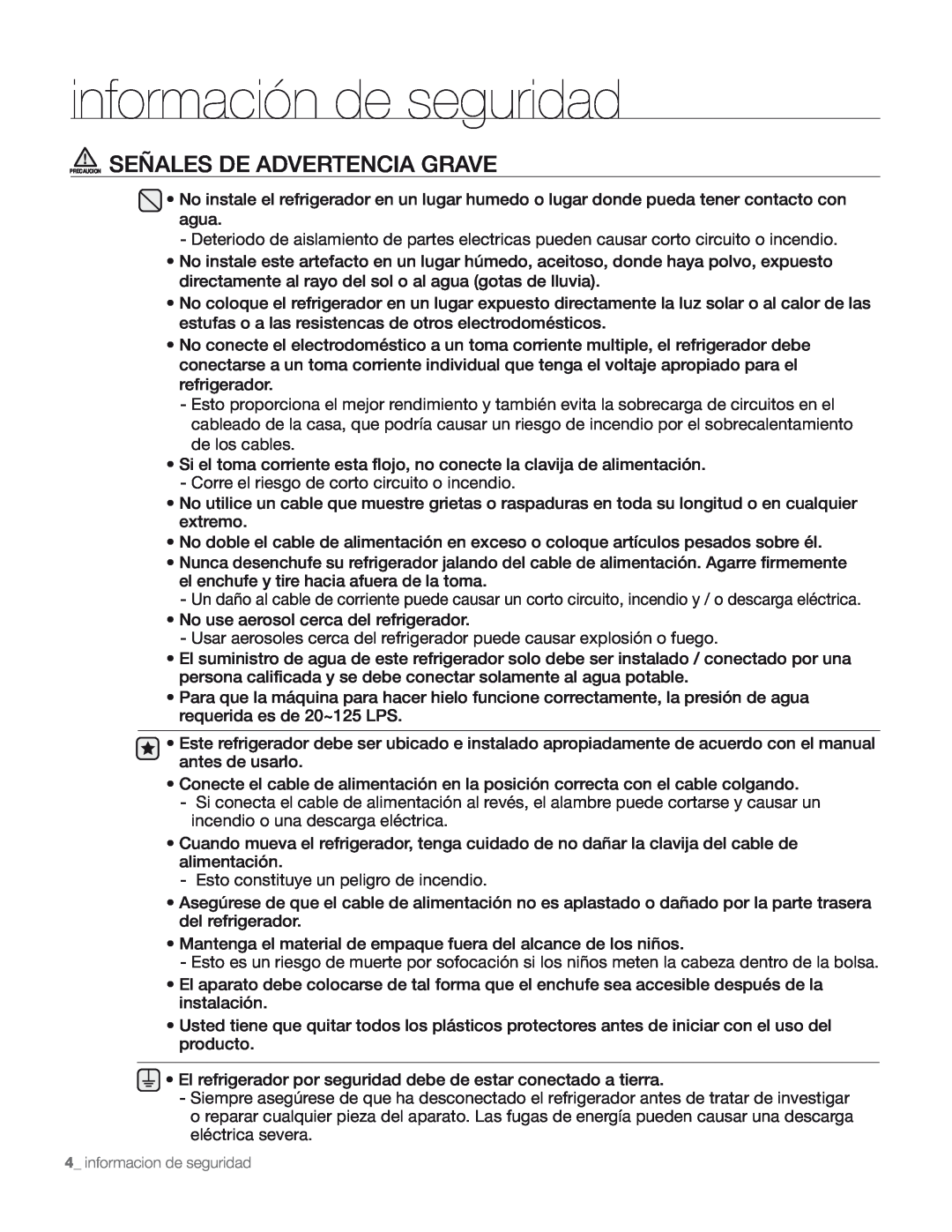 Samsung DA68-01890M user manual Precaucion Señales De Advertencia Grave, información de seguridad 