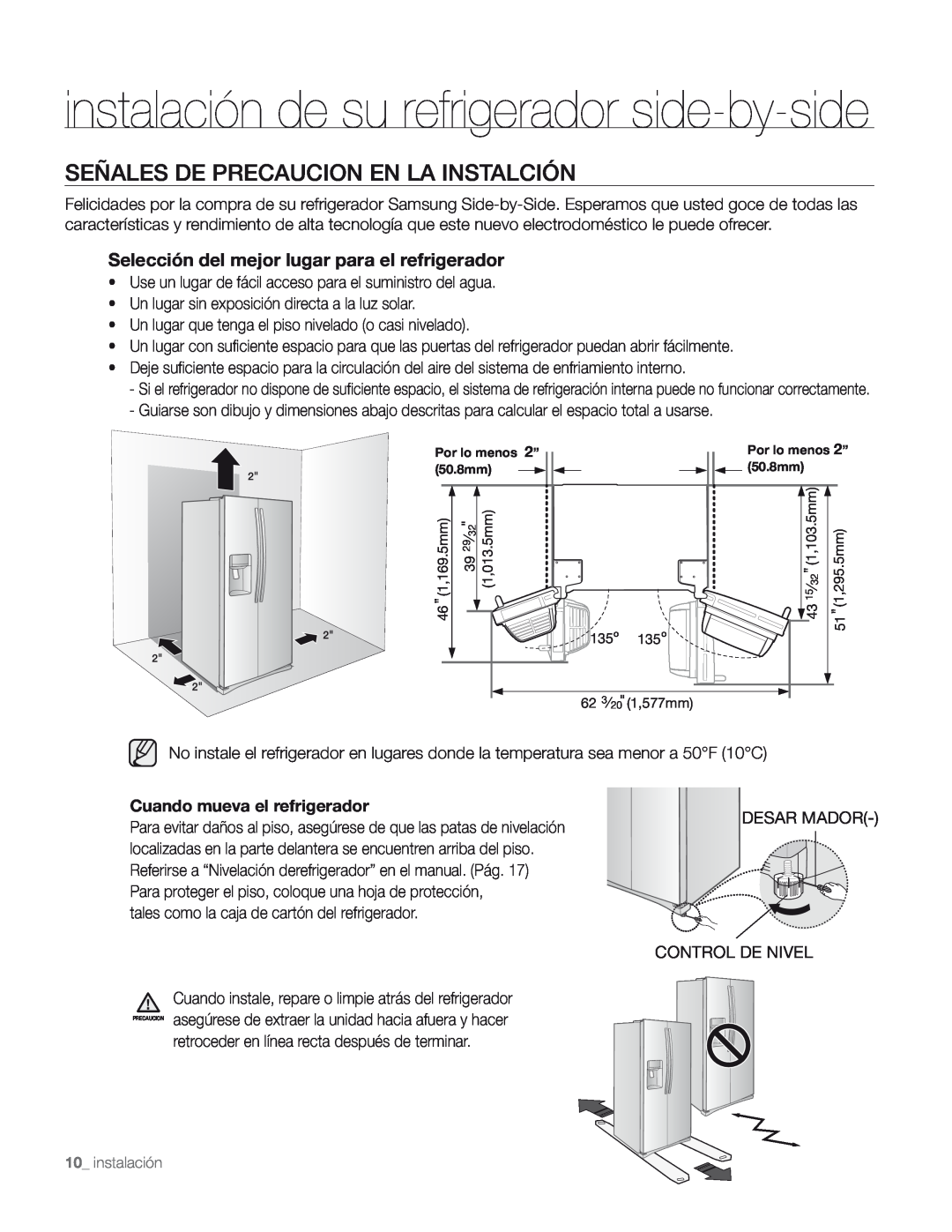Samsung DA68-01890M user manual instalación de su refrigerador side-by-side, Señales De Precaucion En La Instalción 
