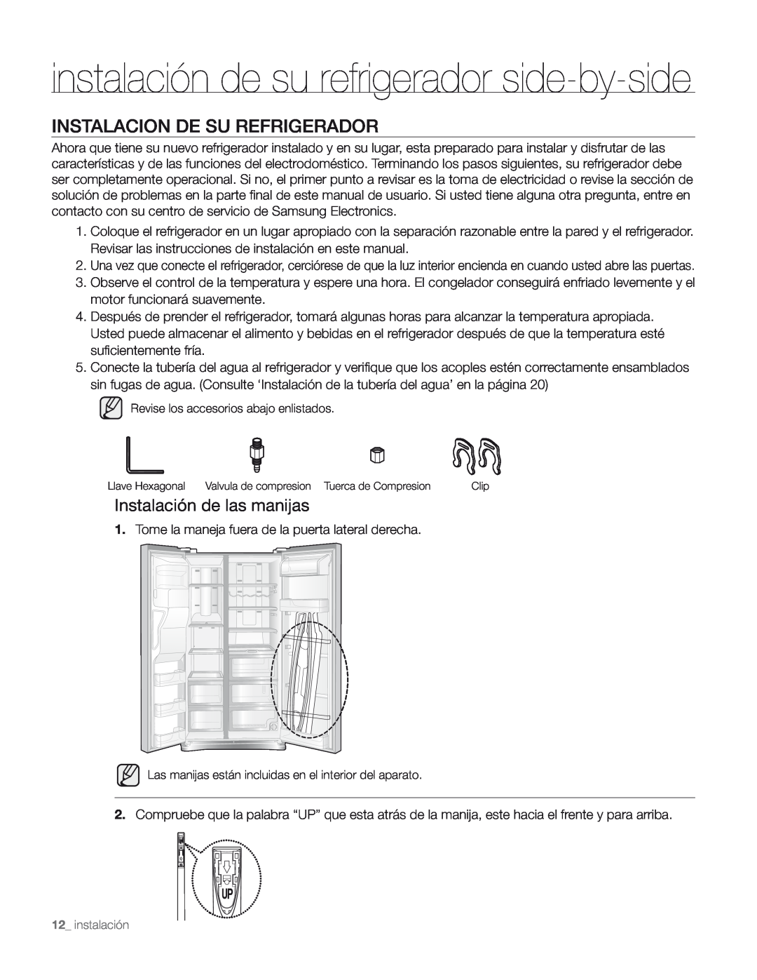 Samsung DA68-01890M user manual Instalacion De Su Refrigerador, Instalación de las manijas 