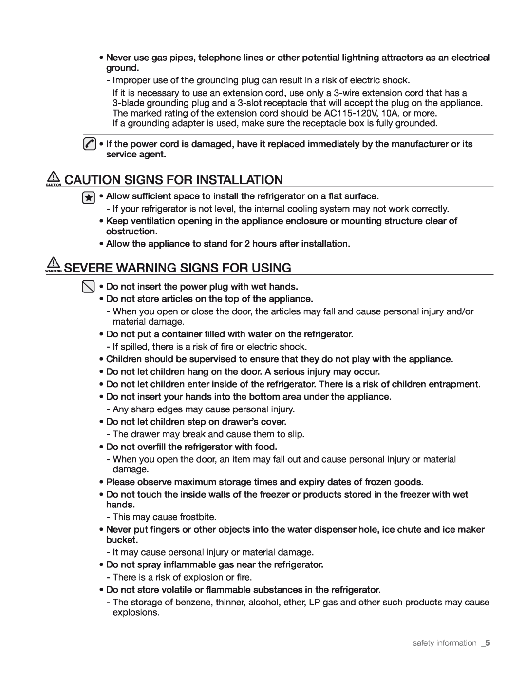Samsung DA68-01890M user manual Caution Caution Signs For Installation, Warning Severe Warning Signs For Using 