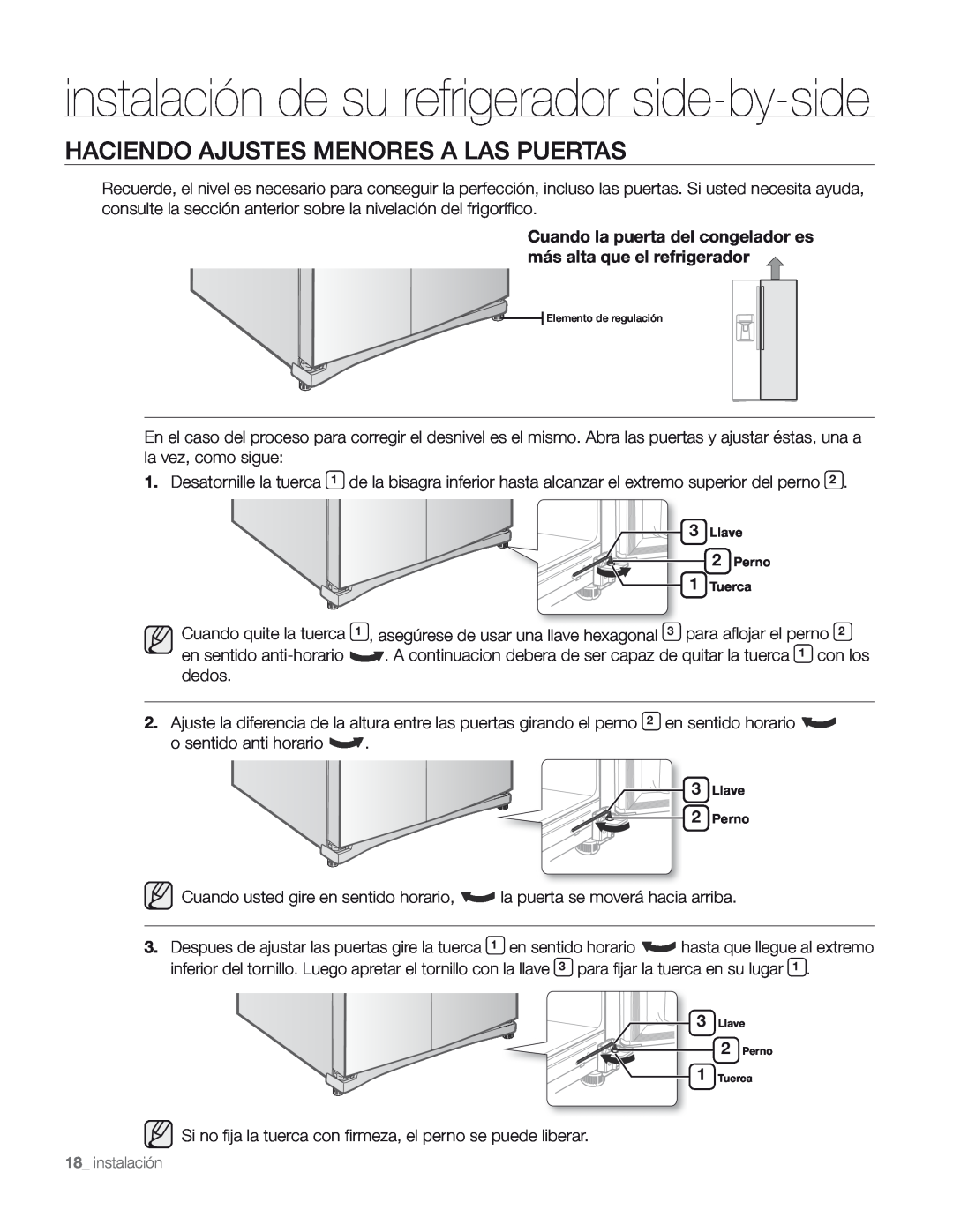 Samsung DA68-01890M user manual Haciendo Ajustes Menores A Las Puertas, instalación de su refrigerador side-by-side 