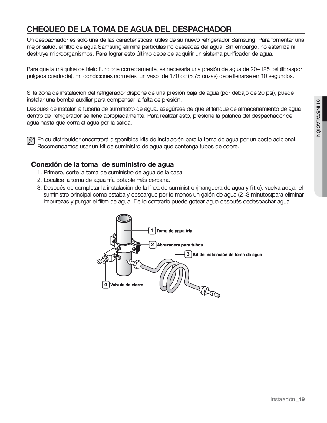 Samsung DA68-01890M user manual Chequeo De La Toma De Agua Del Despachador, Conexión de la toma de suministro de agua 