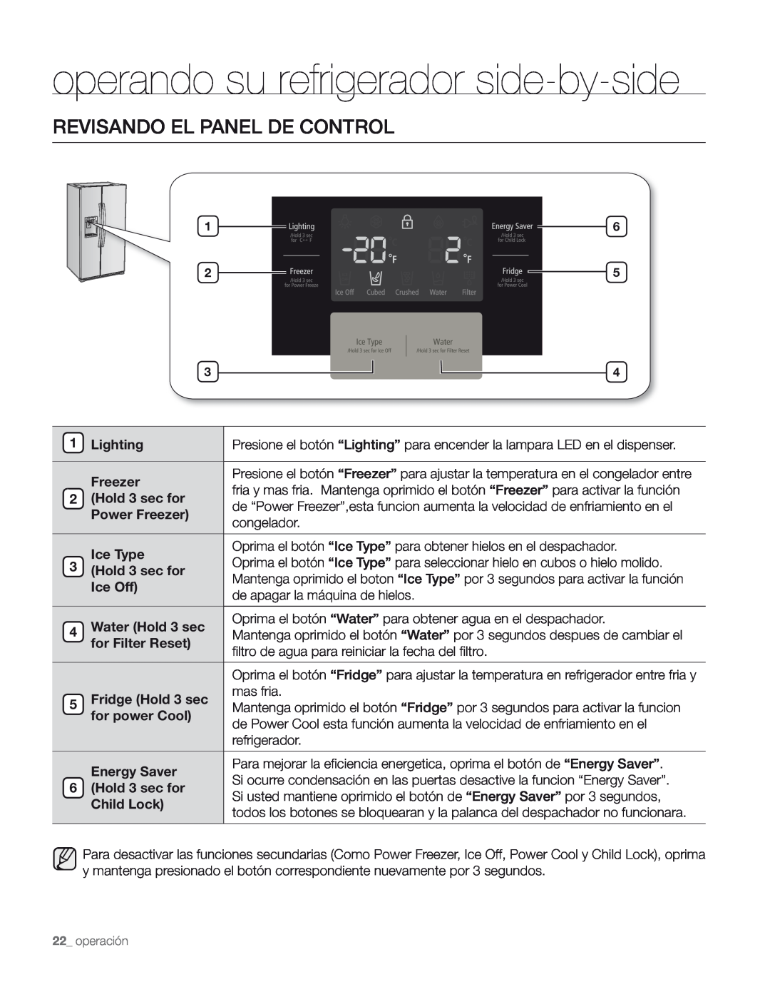 Samsung DA68-01890M user manual operando su refrigerador side-by-side, Revisando El Panel De Control 