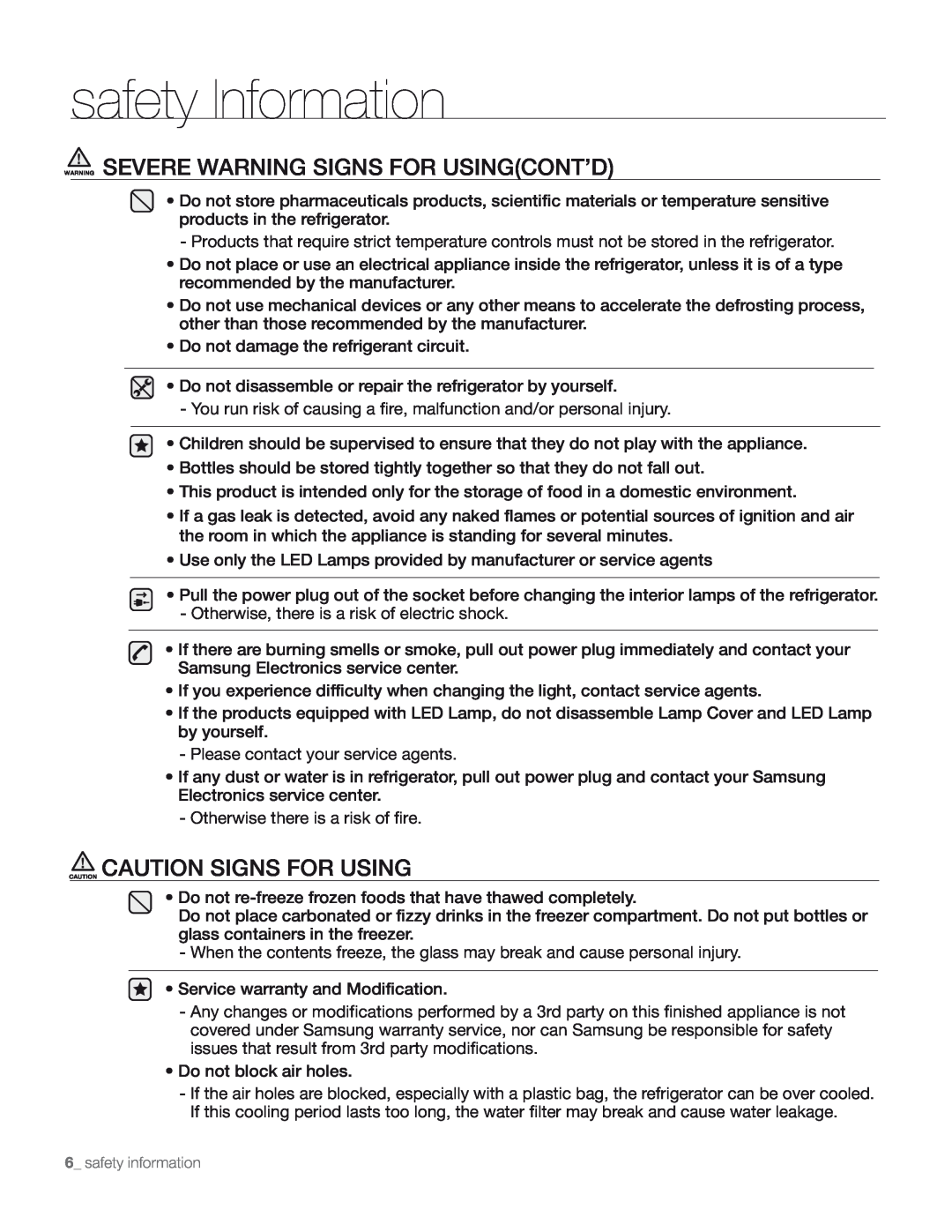 Samsung DA68-01890M Warning Severe Warning Signs For Usingcont’D, Caution Caution Signs For Using, safety Information 