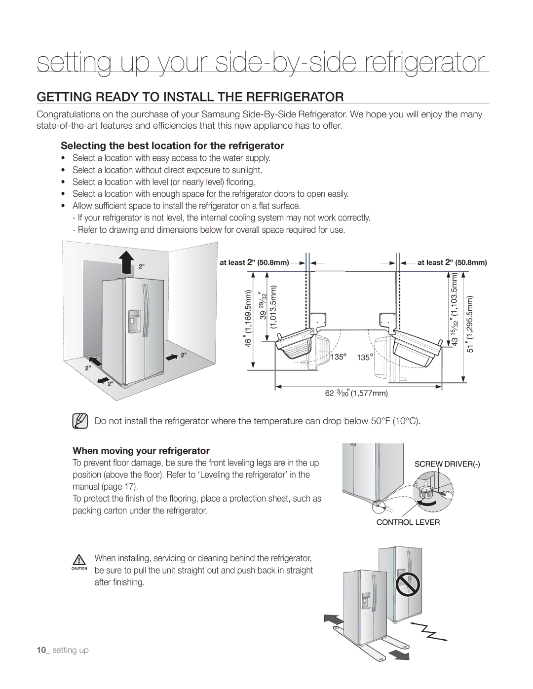 Samsung DA68-01890Q user manual Getting Ready to Install the Refrigerator, When moving your refrigerator 