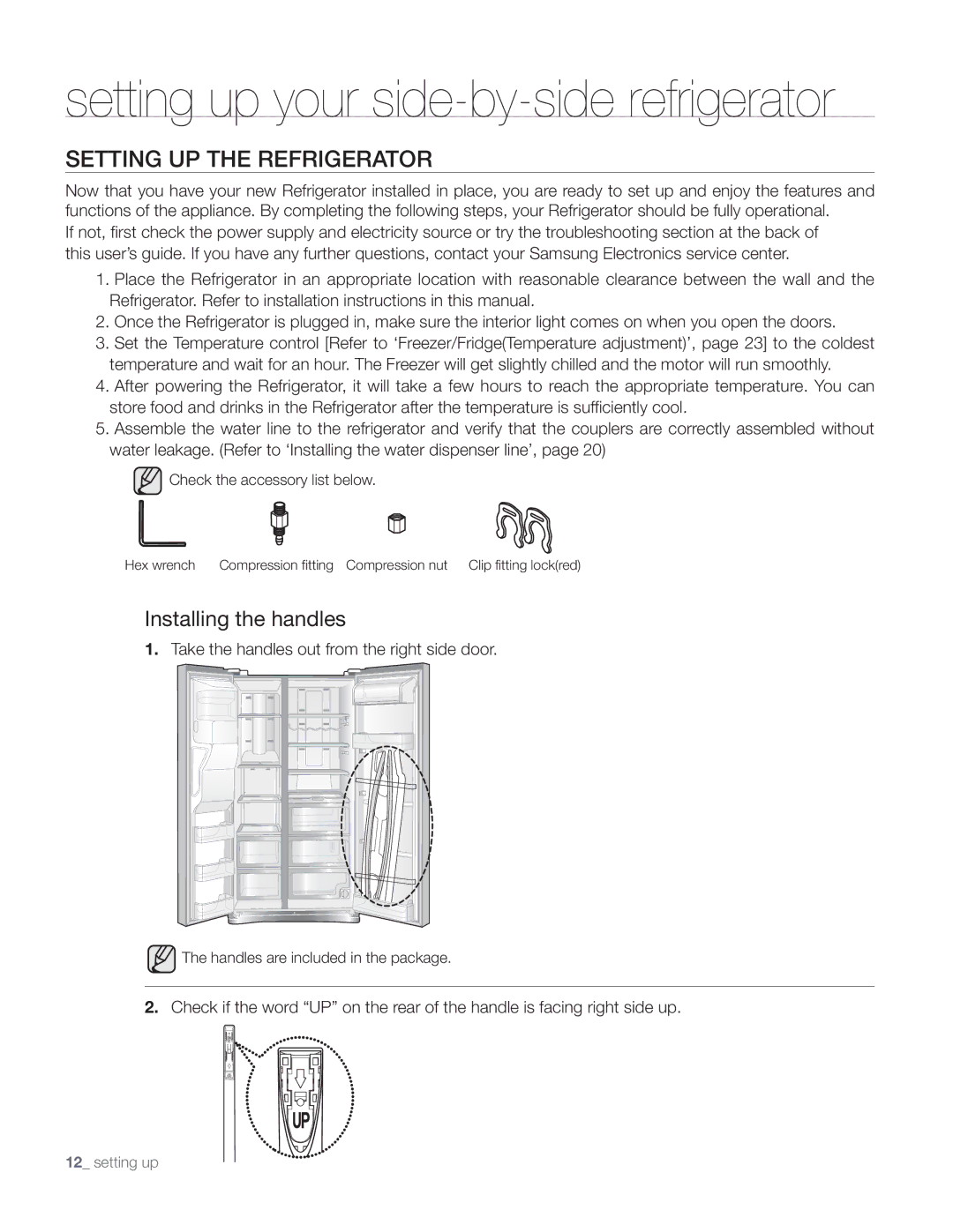 Samsung DA68-01890Q user manual Setting UP the Refrigerator, Installing the handles 