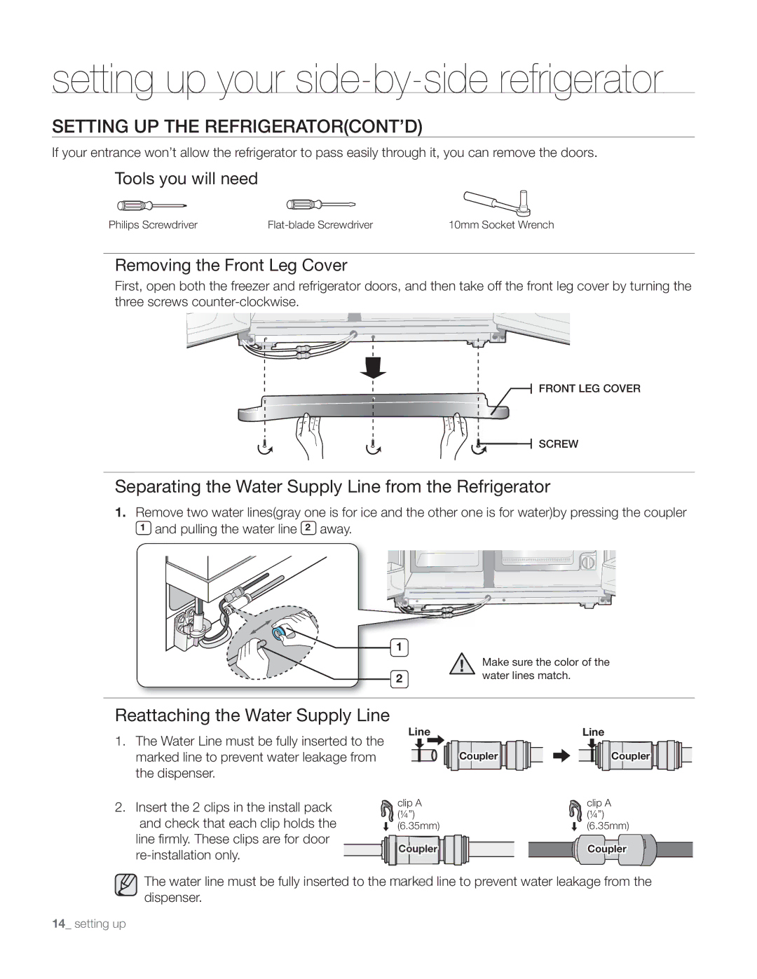 Samsung DA68-01890Q user manual Setting UP the REFRIGERATORCONT’D, Separating the Water Supply Line from the Refrigerator 